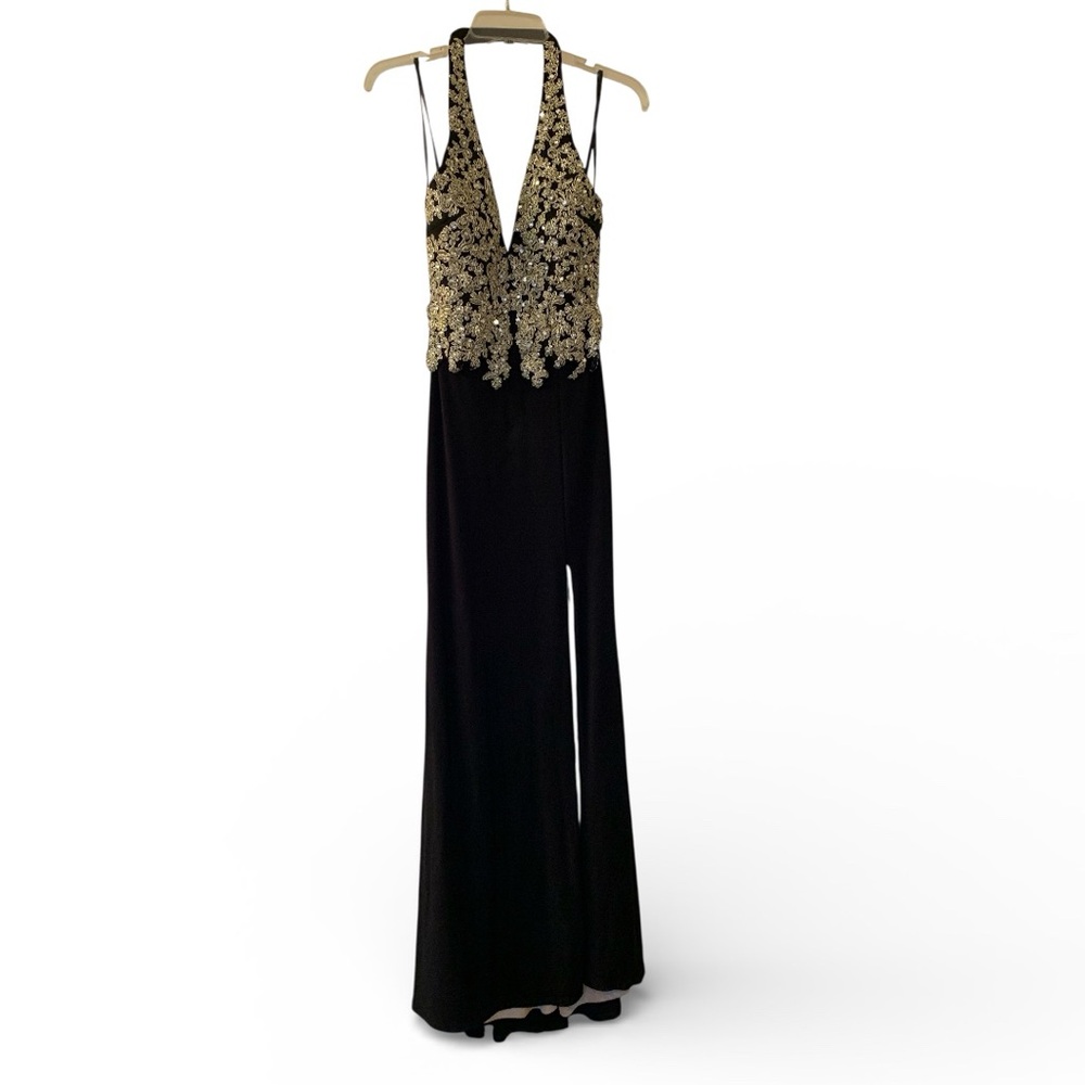 NIGHTS by TEEZE ME Elegant Black Gold Embellished Evening Gown Prom Dress Formal - Picture 1 of 11
